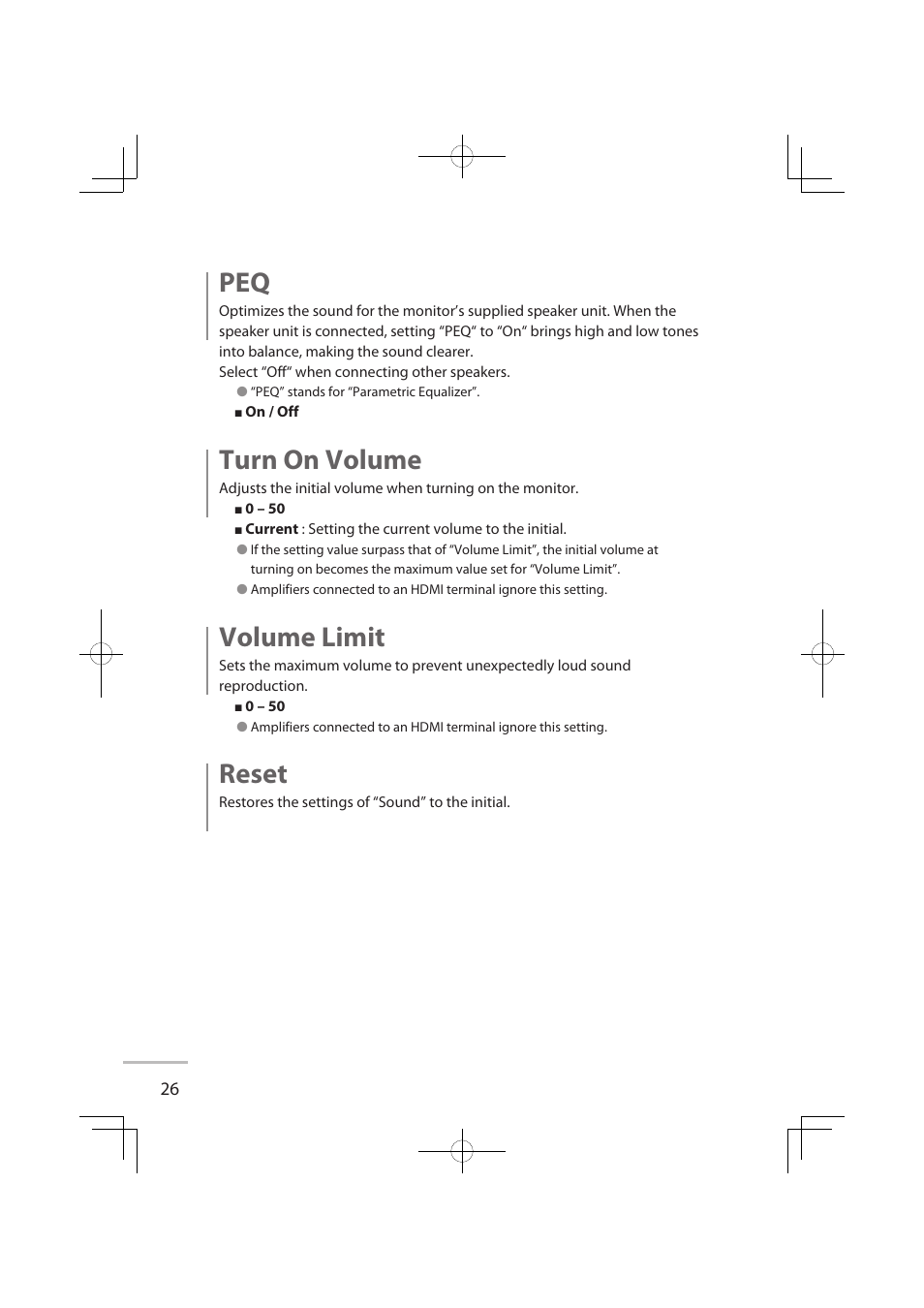 Turn on volume, Volume limit, Reset | JVC LT-32WX50 User Manual | Page 45 / 79