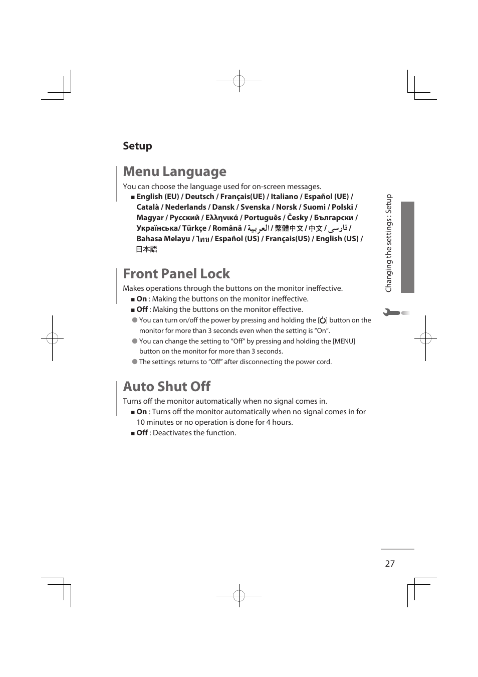 Setup, Menu language, Front panel lock | Auto shut off | JVC LT-32WX50 User Manual | Page 46 / 79