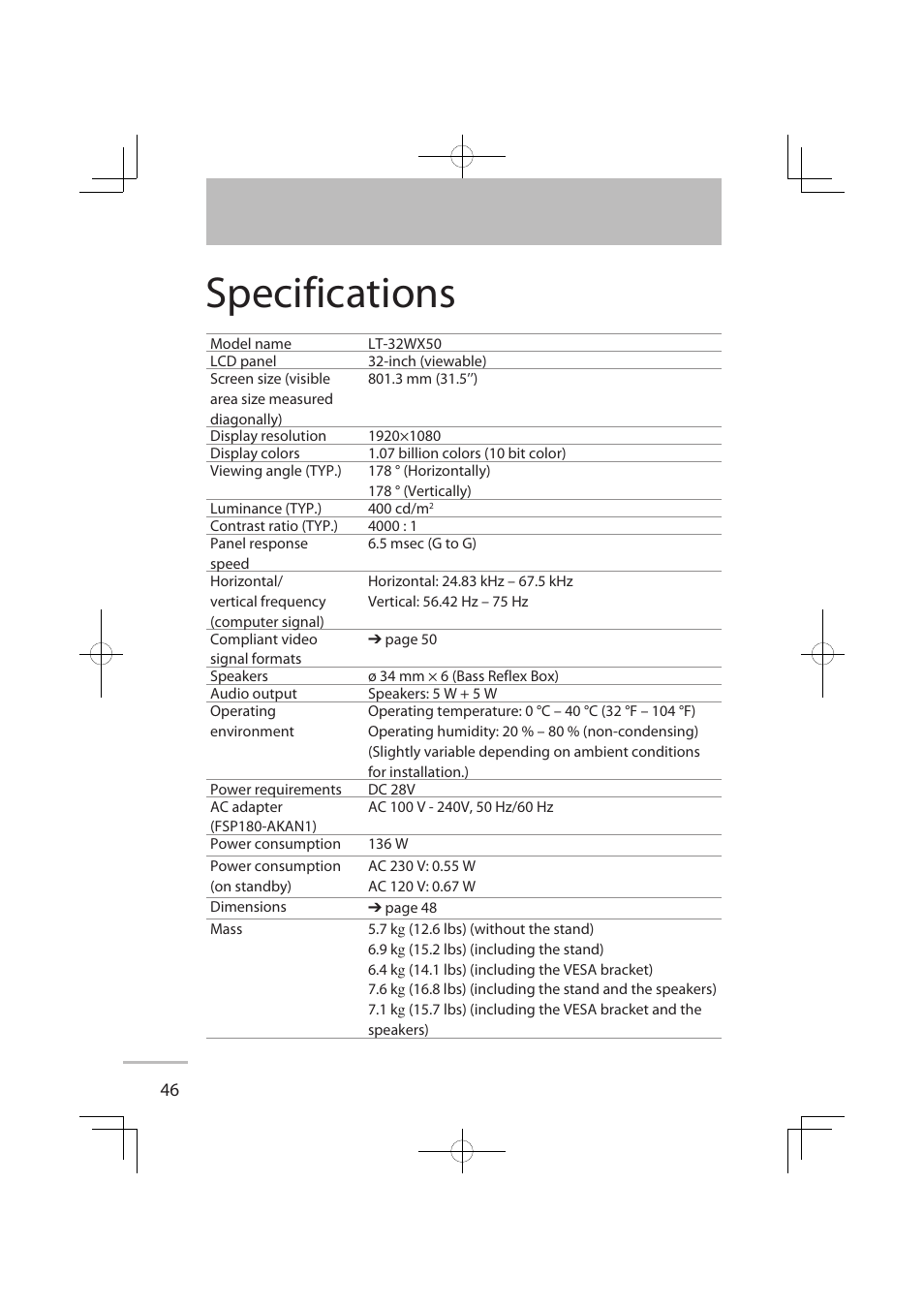 Specifications | JVC LT-32WX50 User Manual | Page 65 / 79