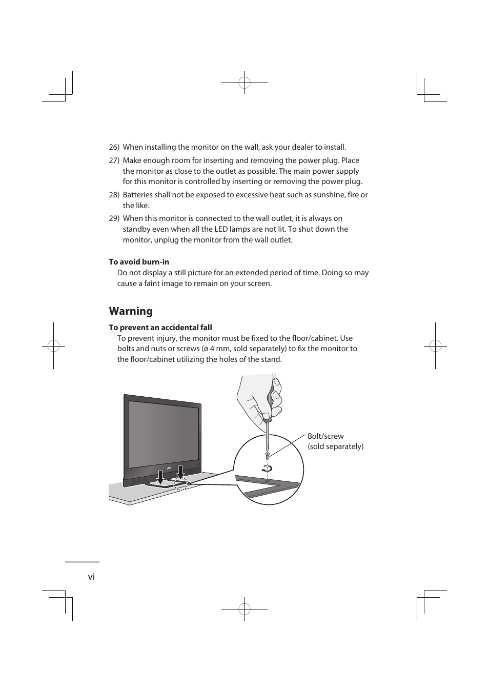 To prevent an accidental fall, Warning | JVC LT-32WX50 User Manual | Page 7 / 79