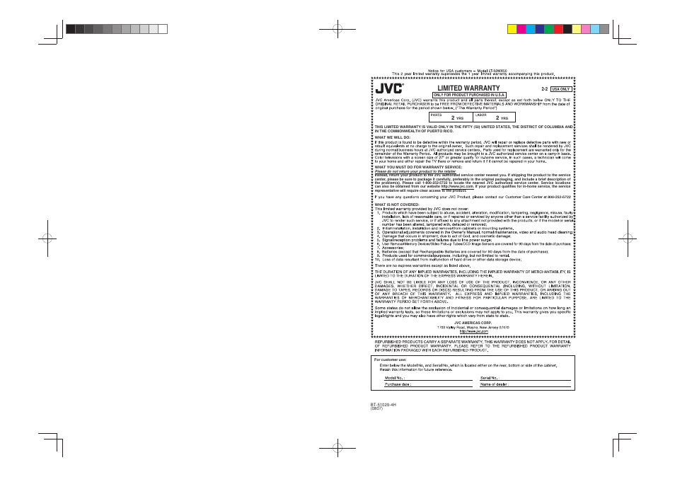 Limited warranty | JVC LT-32WX50 User Manual | Page 78 / 79