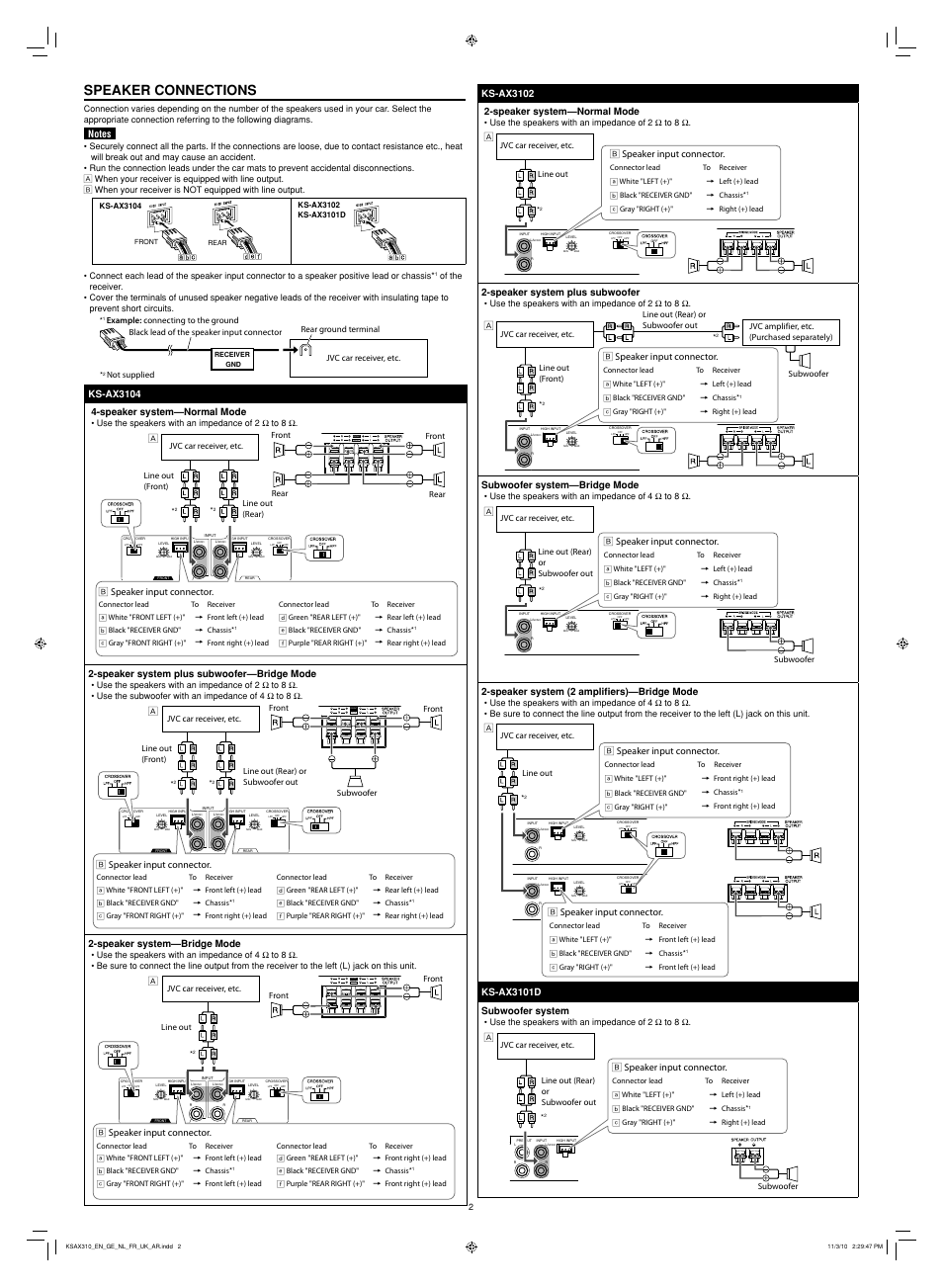 Speaker connections, Rear front | JVC KS-AX3101D User Manual | Page 2 / 3