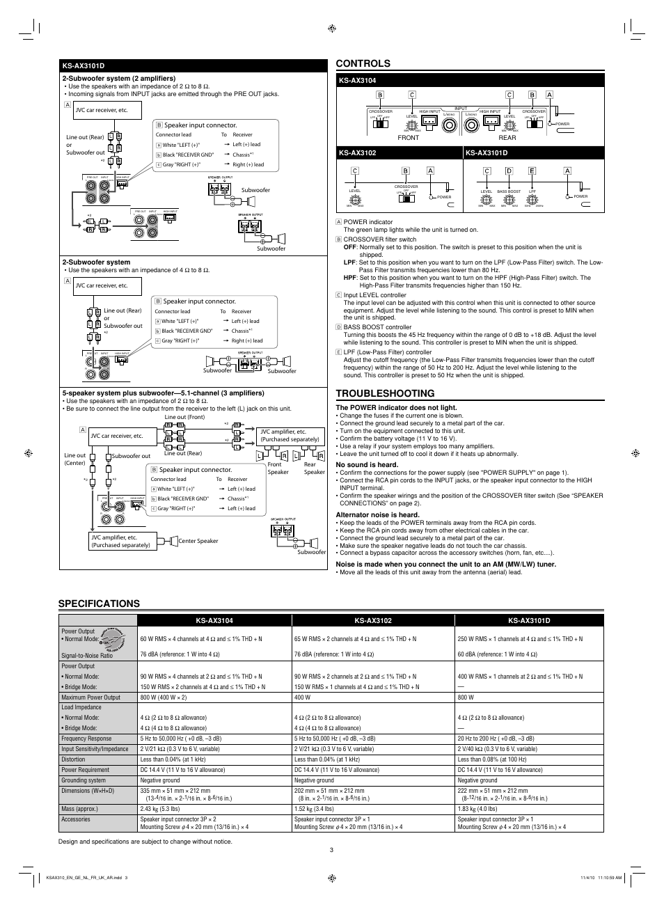 Controls, Specifications, Troubleshooting | JVC KS-AX3101D User Manual | Page 3 / 3