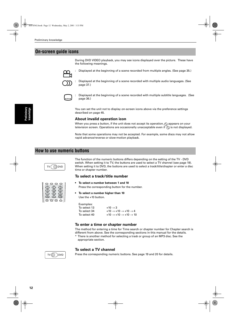 On-screen guide icons, How to use numeric buttons, About invalid operation icon | JVC XV-S60 User Manual | Page 14 / 60