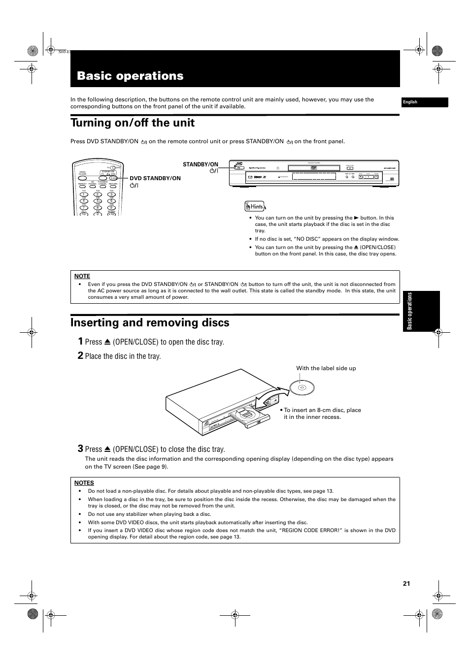 Basic operations, Turning on/off the unit, Inserting and removing discs | Press 0 (open/close) to open the disc tray, Place the disc in the tray, Press 0 (open/close) to close the disc tray | JVC XV-S60 User Manual | Page 23 / 60