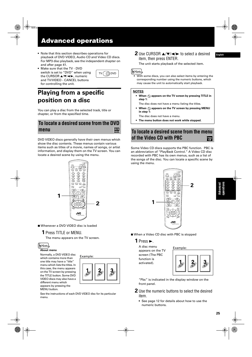 Advanced operations, Playing from a specific position on a disc, Press title or menu | Press 3, Use the numeric buttons to select the desired item, Ad va nc e d op er a tio ns, The menu appears on the tv screen, The unit starts playback of the selected item, Example, Tv dvd | JVC XV-S60 User Manual | Page 27 / 60