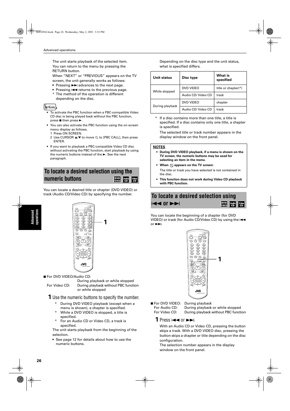 Use the numeric buttons to specify the number, Press 4 or, Progressive scan | Unit status disc type what is specified, Advanced operations | JVC XV-S60 User Manual | Page 28 / 60