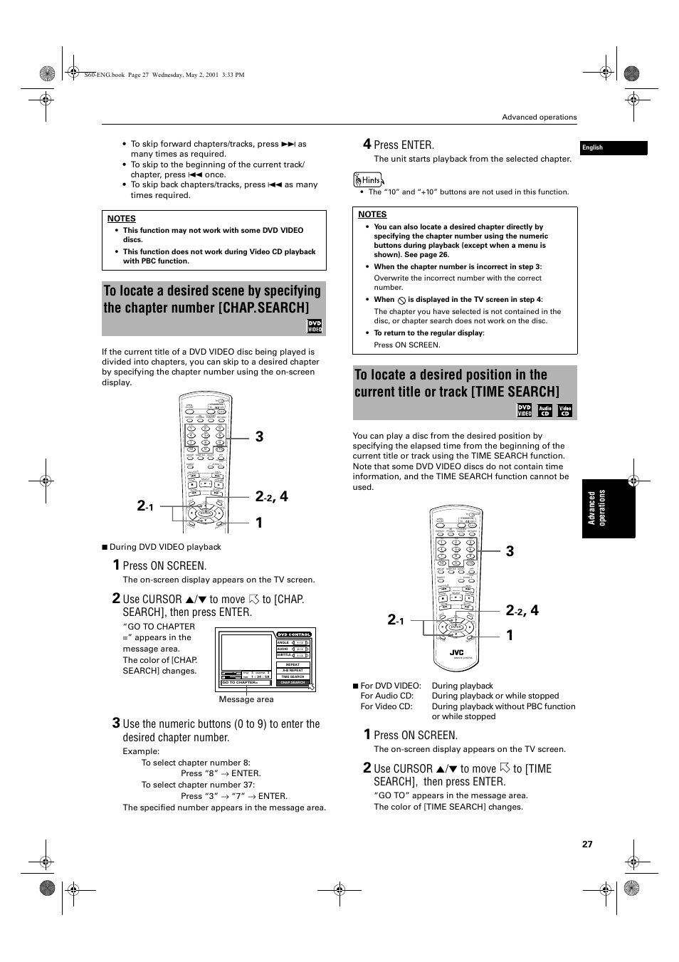 Press on screen, Press enter, Ad va nc e d op er a tio ns | The on-screen display appears on the tv screen, The unit starts playback from the selected chapter, Advanced operations | JVC XV-S60 User Manual | Page 29 / 60