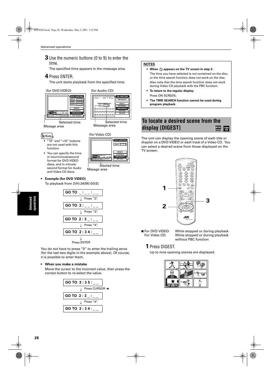Use the numeric buttons (0 to 9) to enter the time, Press enter, Press digest | Ad va nc e d op er atio n s, The specified time appears in the message area, The unit starts playback from the specified time, Up to nine opening scenes are displayed, For dvd video) selected time messge area, For audio cd) selected time message area, For video cd) slected time massge area | JVC XV-S60 User Manual | Page 30 / 60