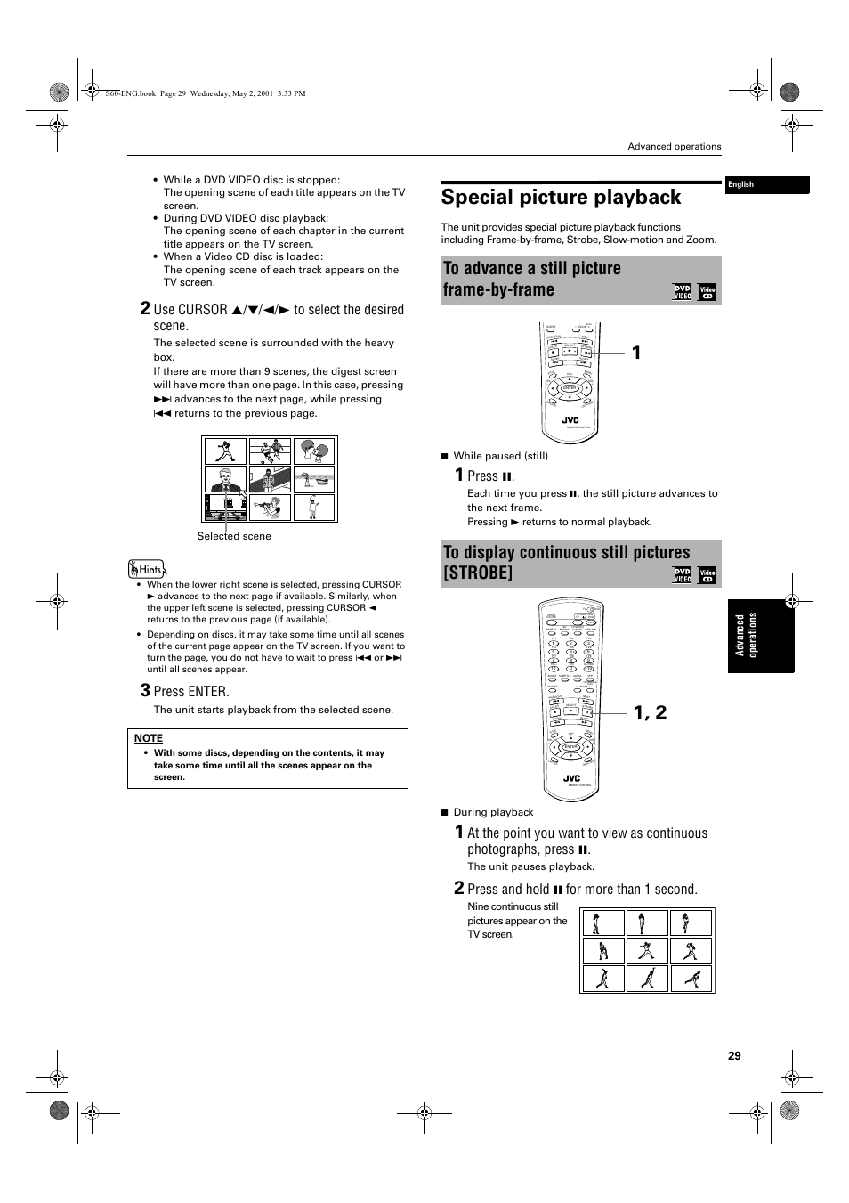 Special picture playback, Use cursor 5/∞/2/3 to select the desired scene, Press enter | Press 8, Press and hold 8 for more than 1 second, Ad va nc e d op er a tio ns, The unit starts playback from the selected scene, The unit pauses playback, Selected scene, Advanced operations | JVC XV-S60 User Manual | Page 31 / 60