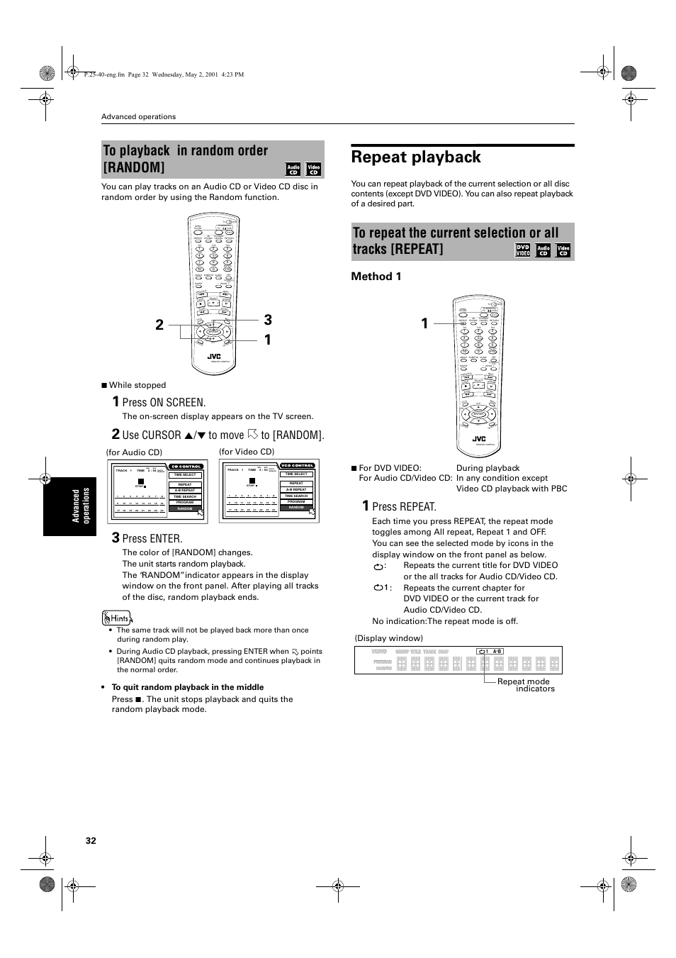 Repeat playback, Press on screen, Use cursor 5/∞ to move to [random | Press enter, Method 1, Press repeat, The on-screen display appears on the tv screen, For video cd), For audio cd), Repeat mode indicators (display window) | JVC XV-S60 User Manual | Page 34 / 60
