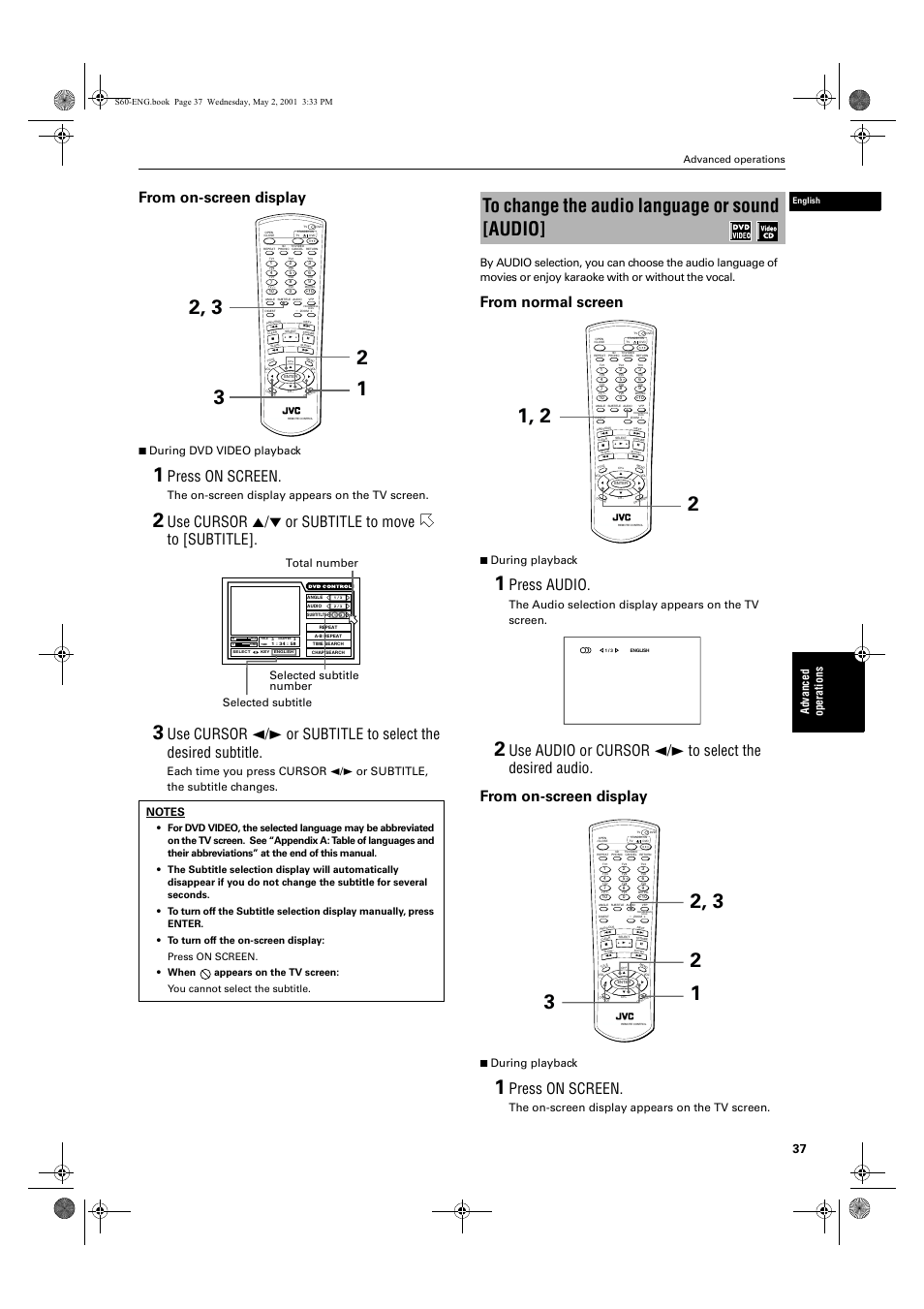 Press on screen, Use cursor 5/∞ or subtitle to move to [subtitle, Press audio | Ad va nc e d op er a tio ns, 7 during dvd video playback, The on-screen display appears on the tv screen, 7 during playback, Advanced operations, English | JVC XV-S60 User Manual | Page 39 / 60