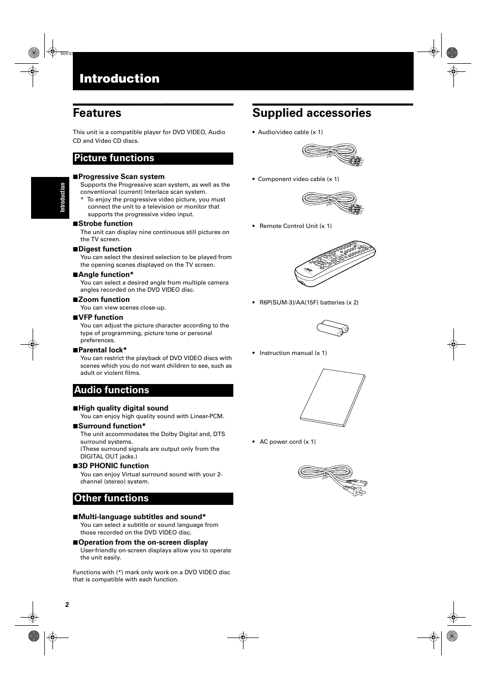 Introduction, Introduction features, Supplied accessories | Picture functions audio functions other functions, 7 progressive scan system, 7 strobe function, 7 digest function, 7 angle function, 7 zoom function, 7 vfp function | JVC XV-S60 User Manual | Page 4 / 60