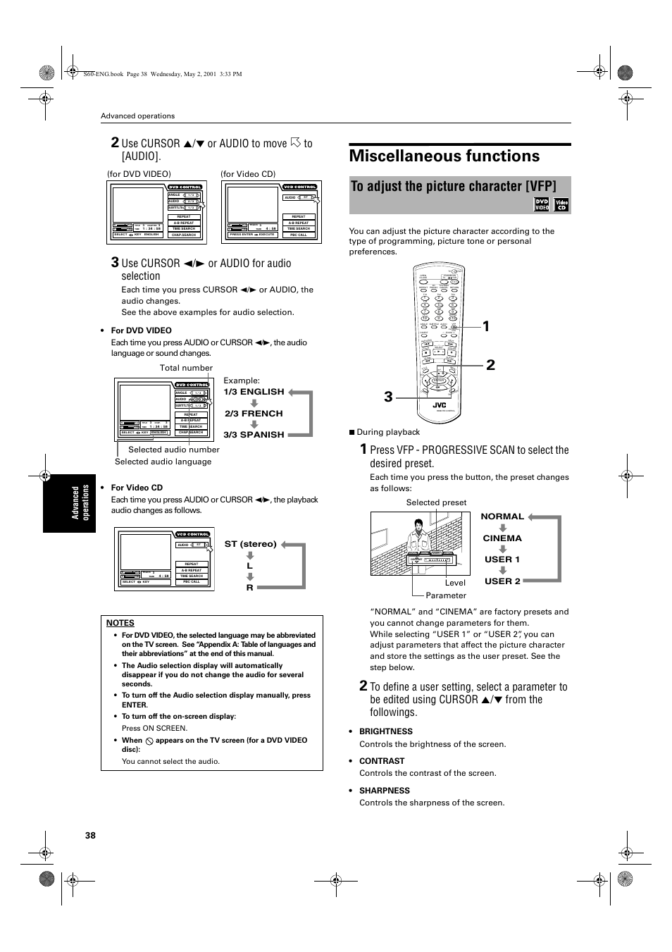 Miscellaneous functions, Use cursor 5/∞ or audio to move to [audio, Use cursor 2/3 or audio for audio selection | Ad va nc e d op er atio n s, For dvd video), Advanced operations | JVC XV-S60 User Manual | Page 40 / 60