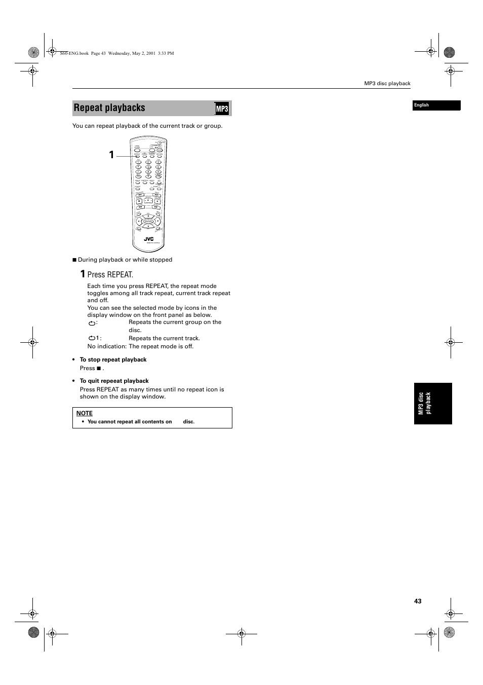 Repeat playbacks, Press repeat, Mp 3 dis c pl ay bac k | Mp3 disc playback, You cannot repeat all contents on the disc, English | JVC XV-S60 User Manual | Page 45 / 60