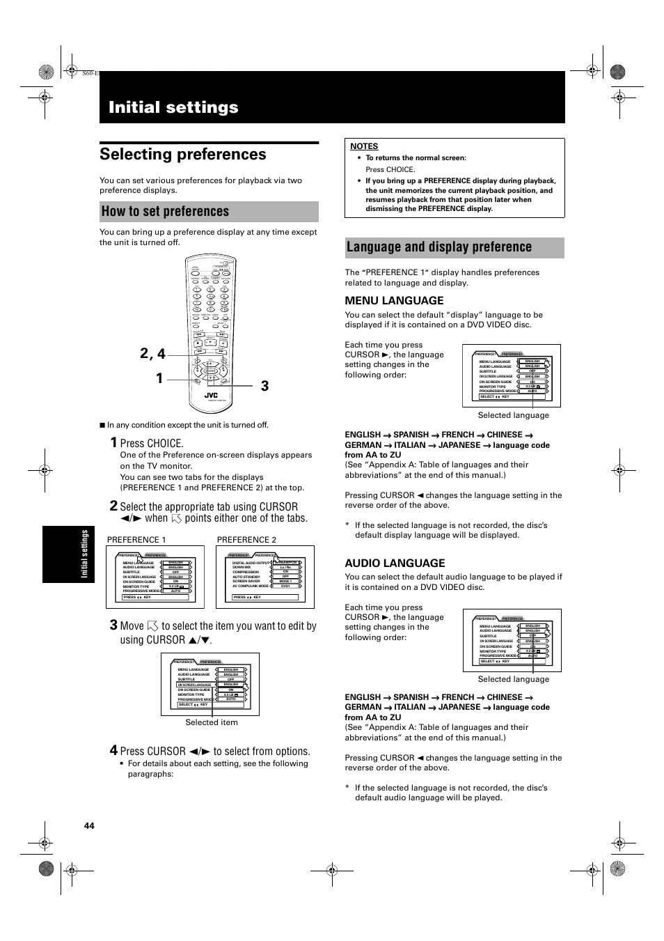 Initial settings, Initial settings selecting preferences, How to set preferences | Language and display preference, Press choice, Press cursor 2/3 to select from options, Menu language, Audio language, Preference 1, Preference 2 | JVC XV-S60 User Manual | Page 46 / 60