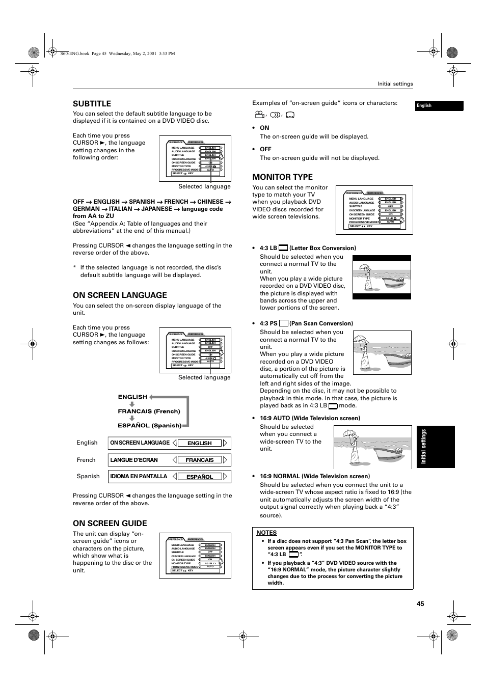 Subtitle, On screen language, On screen guide | Monitor type | JVC XV-S60 User Manual | Page 47 / 60