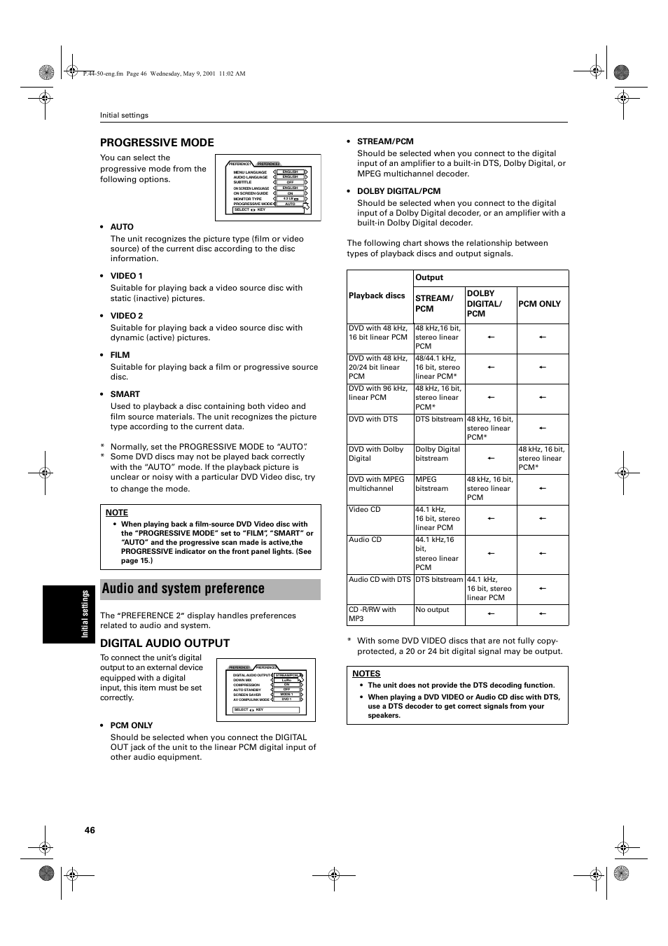 Audio and system preference, Progressive mode, Digital audio output | JVC XV-S60 User Manual | Page 48 / 60