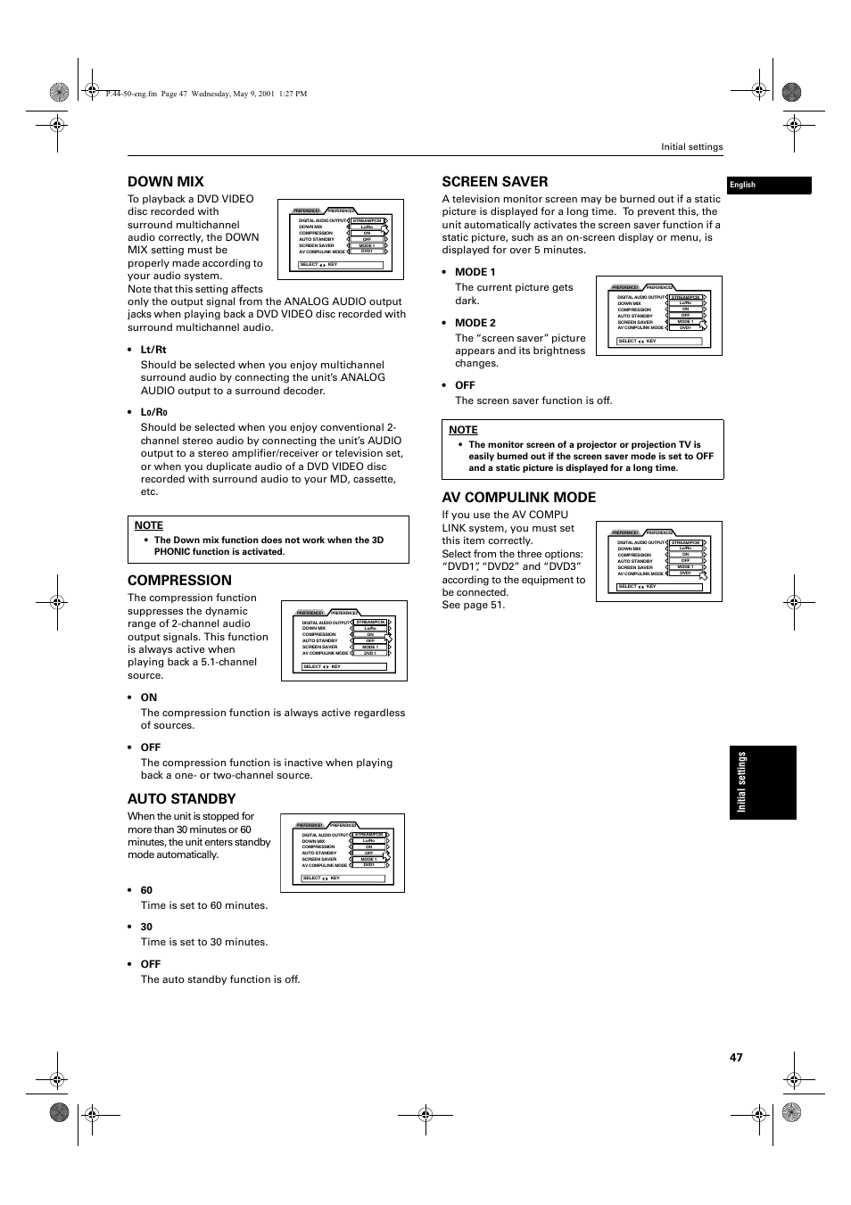 Down mix, Compression, Auto standby | Screen saver, Av compulink mode | JVC XV-S60 User Manual | Page 49 / 60