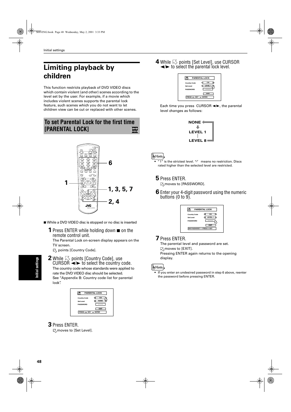 Limiting playback by children, Press enter, Init ial s e tti ng s | Moves to [set level, Moves to [password, None level 1 level 8 | JVC XV-S60 User Manual | Page 50 / 60