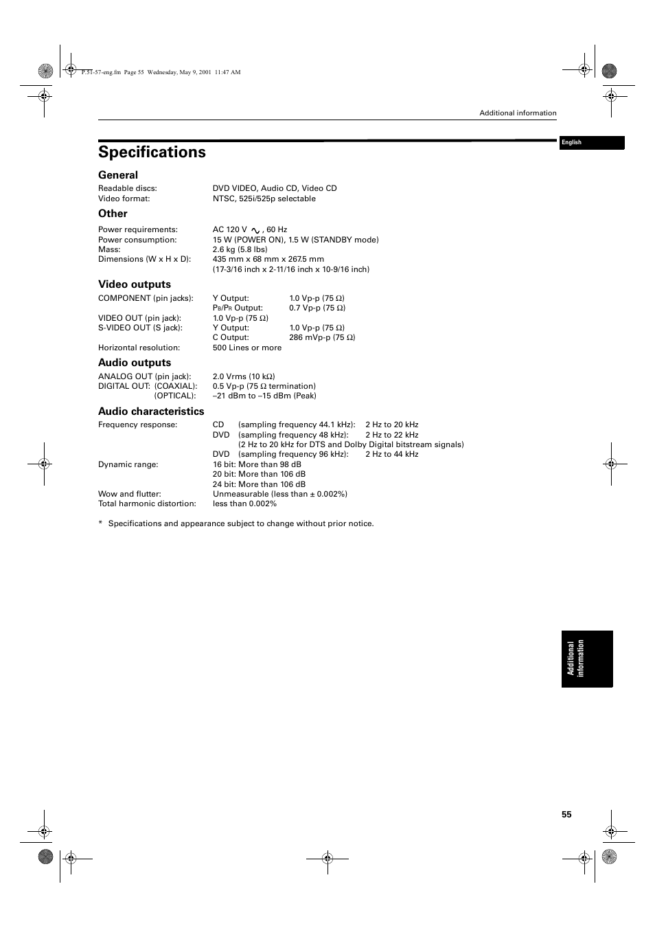 Specifications, General, Other | Video outputs, Audio outputs, Audio characteristics | JVC XV-S60 User Manual | Page 57 / 60