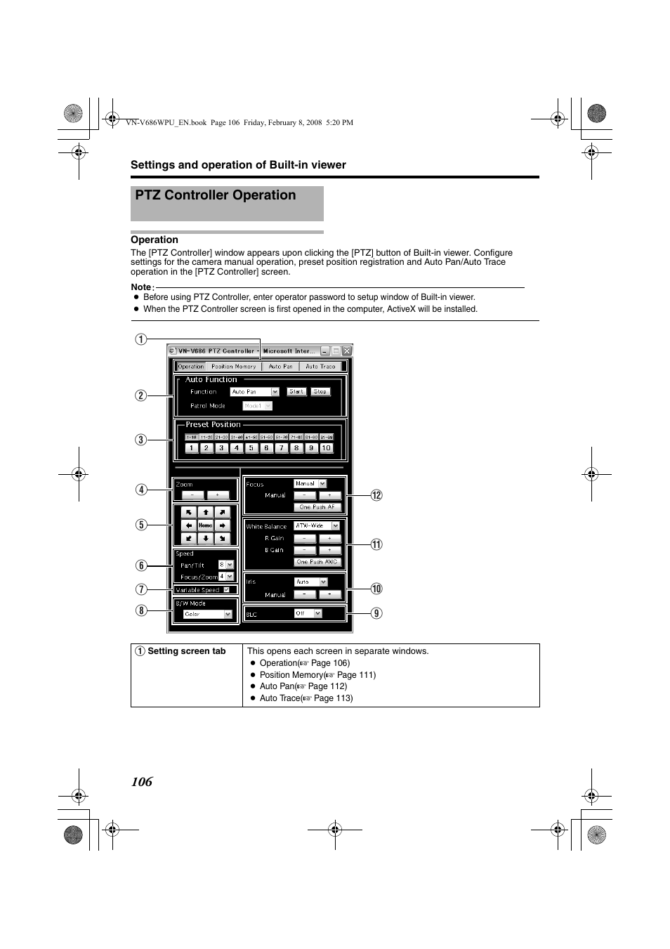 Ptz controller operation, Operation | JVC VN-V686WPU User Manual | Page 106 / 119