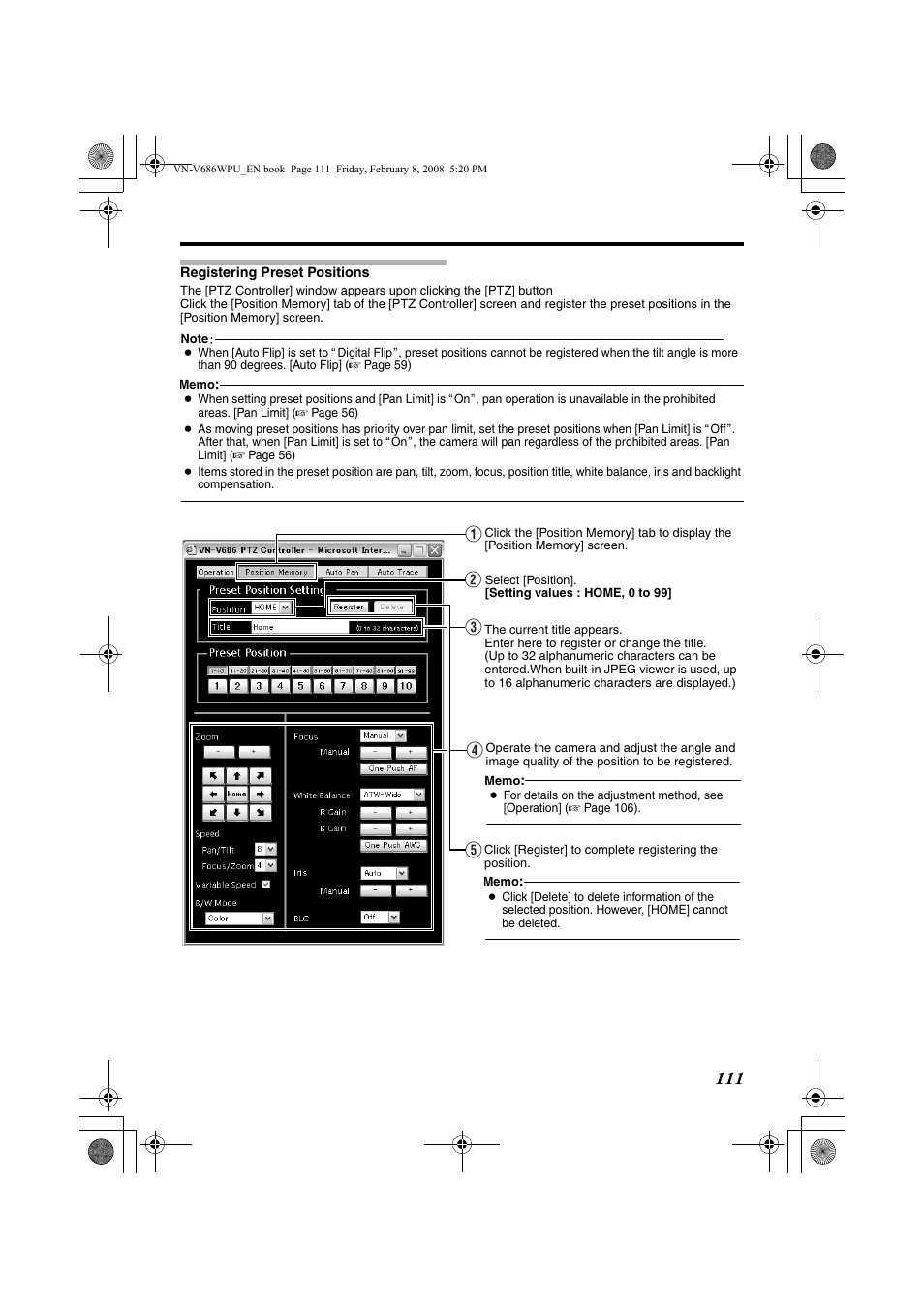 Registering preset positions | JVC VN-V686WPU User Manual | Page 111 / 119