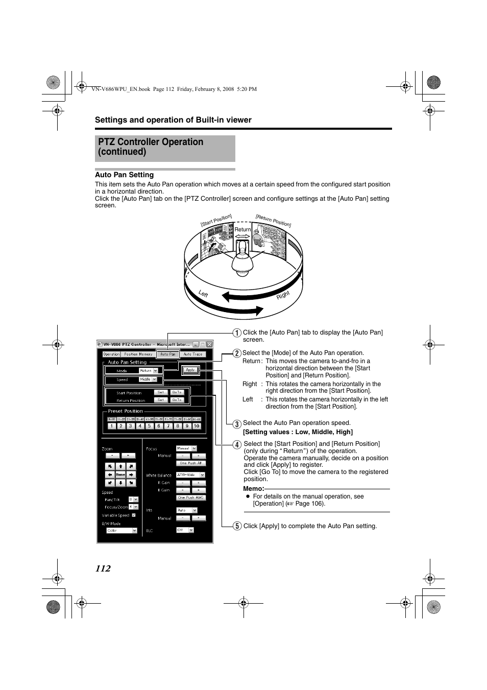 Auto pan setting, Ptz controller operation (continued), Ca b e d | JVC VN-V686WPU User Manual | Page 112 / 119