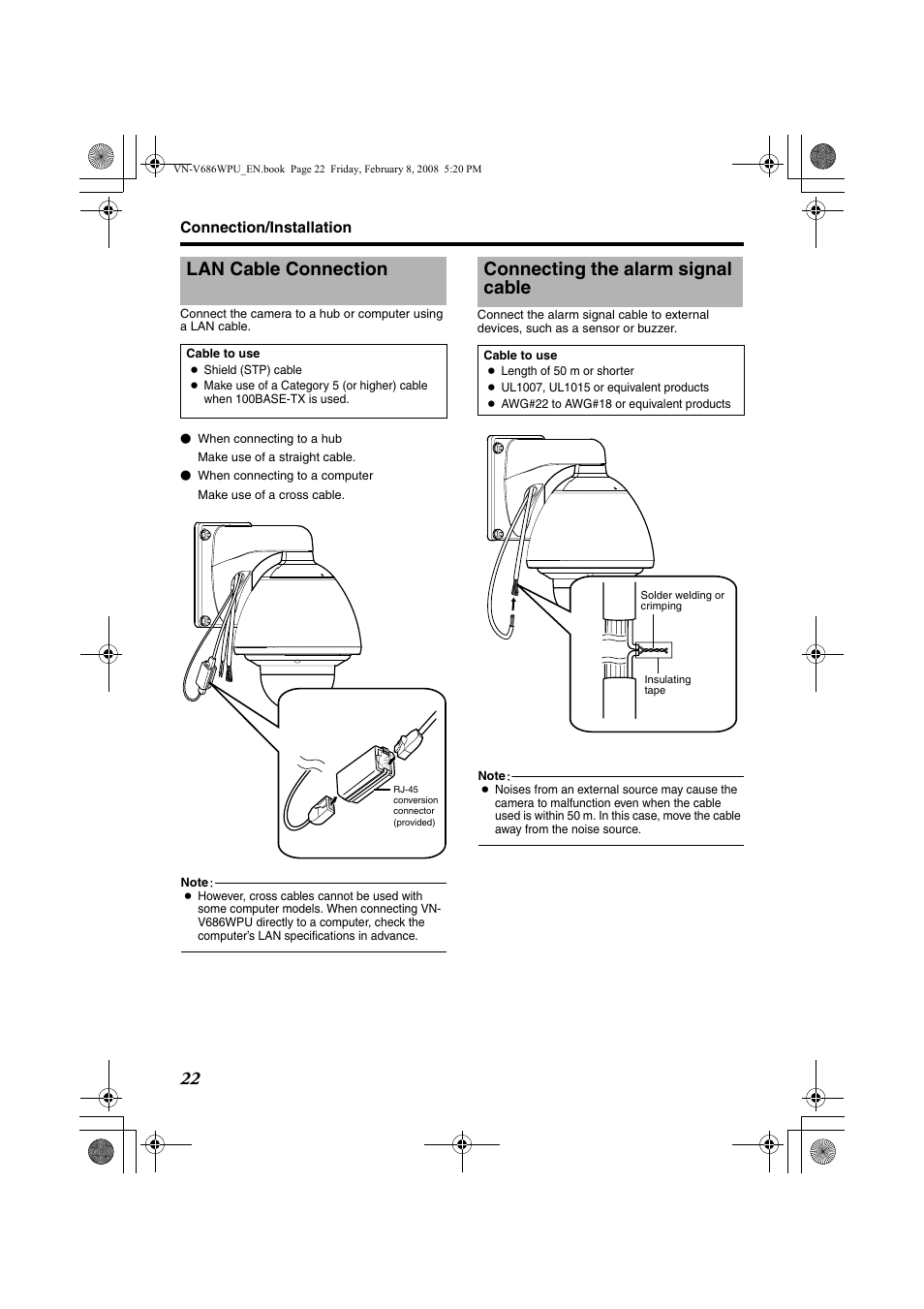 Lan cable connection, Connecting the alarm signal cable | JVC VN-V686WPU User Manual | Page 22 / 119