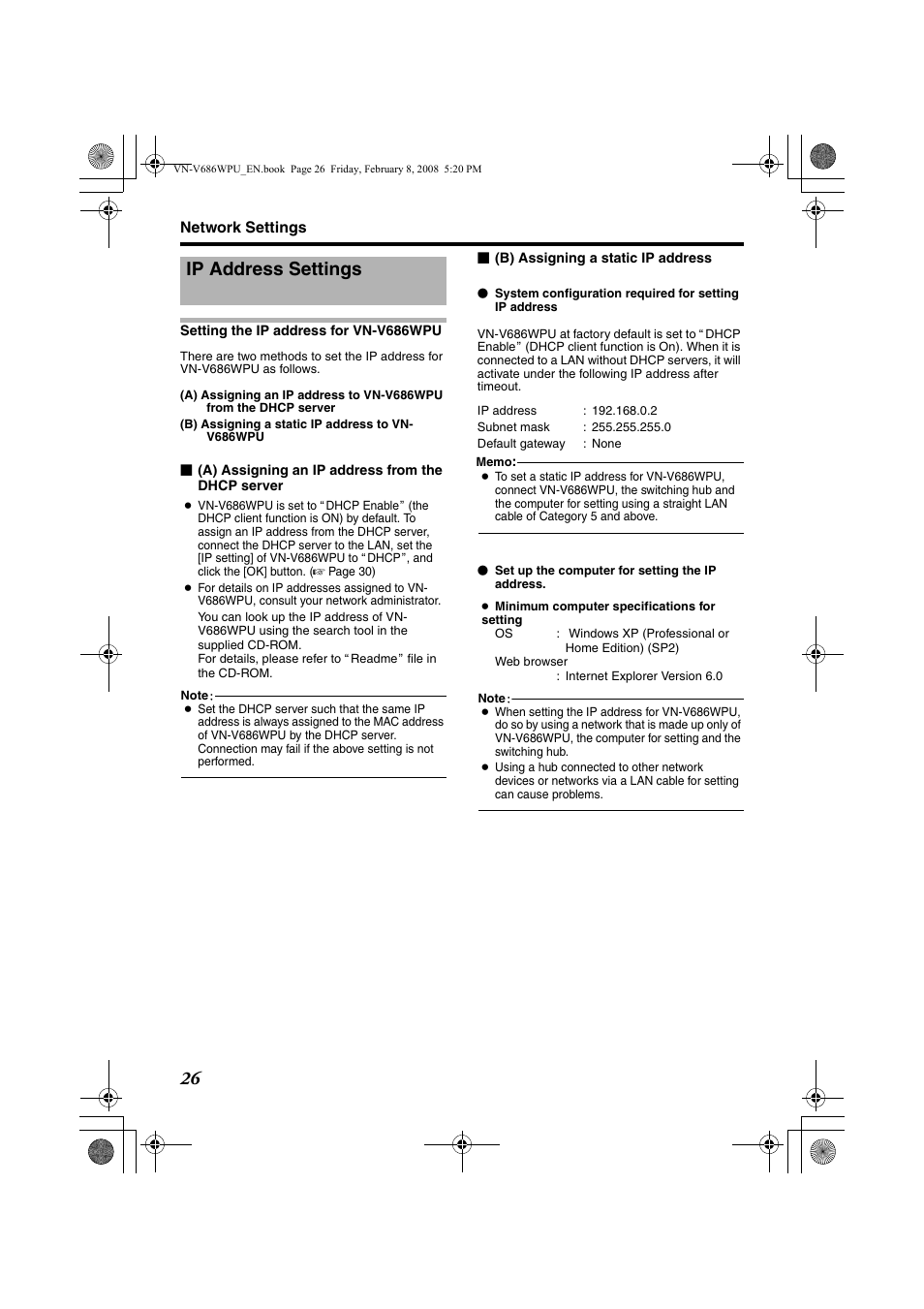Network settings, Ip address settings, Setting the ip address for vn-v686wpu | Setting the ip address for vn-v686wpu 26 | JVC VN-V686WPU User Manual | Page 26 / 119