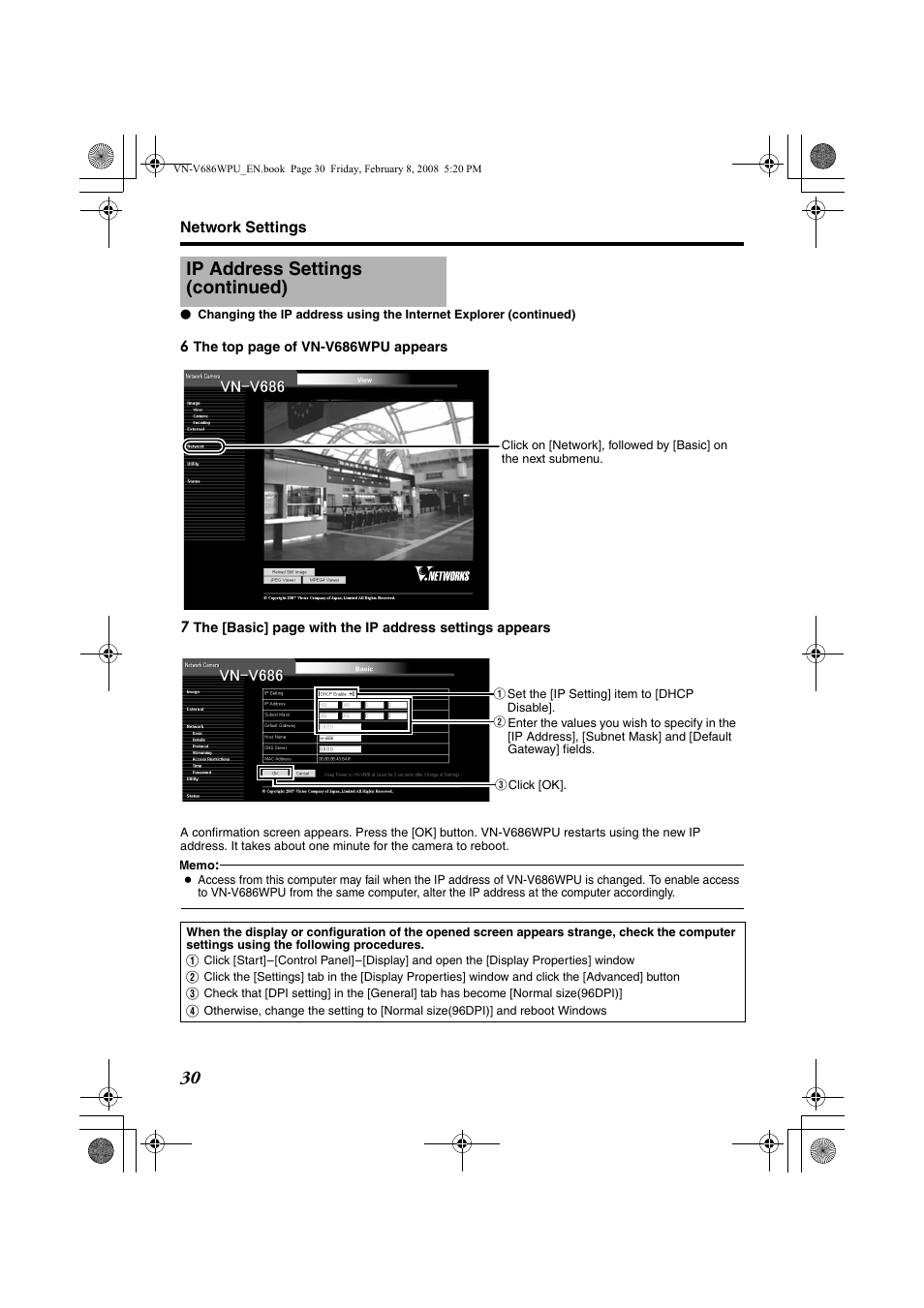 Ip address settings (continued) | JVC VN-V686WPU User Manual | Page 30 / 119