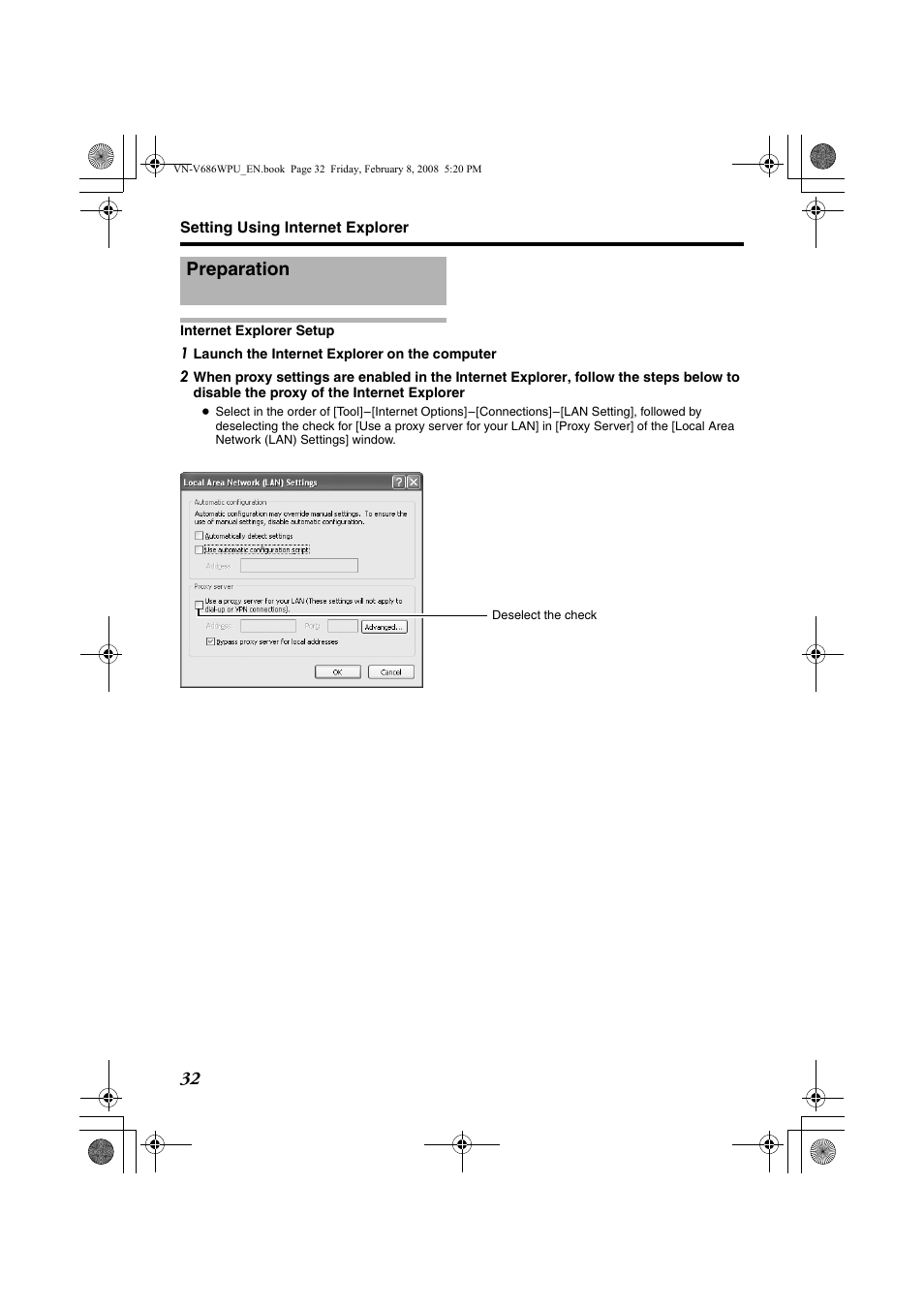 Setting using internet explorer, Preparation, Internet explorer setup | JVC VN-V686WPU User Manual | Page 32 / 119