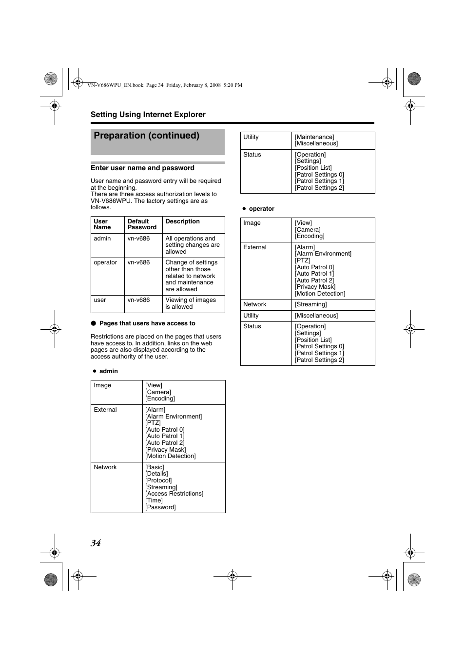 Enter user name and password, Preparation (continued) | JVC VN-V686WPU User Manual | Page 34 / 119