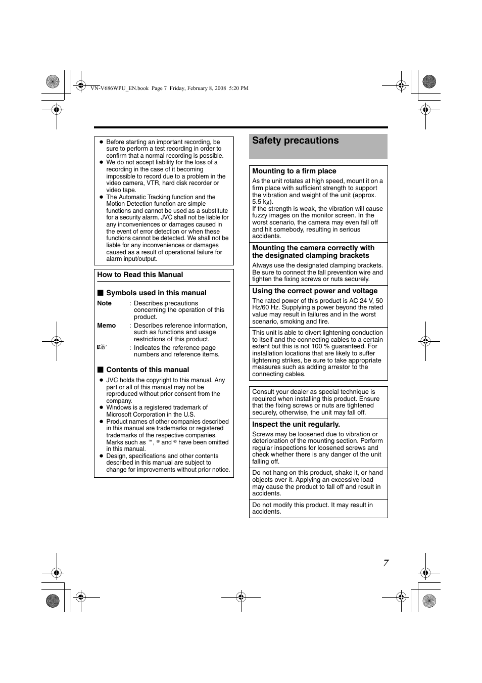 Safety precautions | JVC VN-V686WPU User Manual | Page 7 / 119