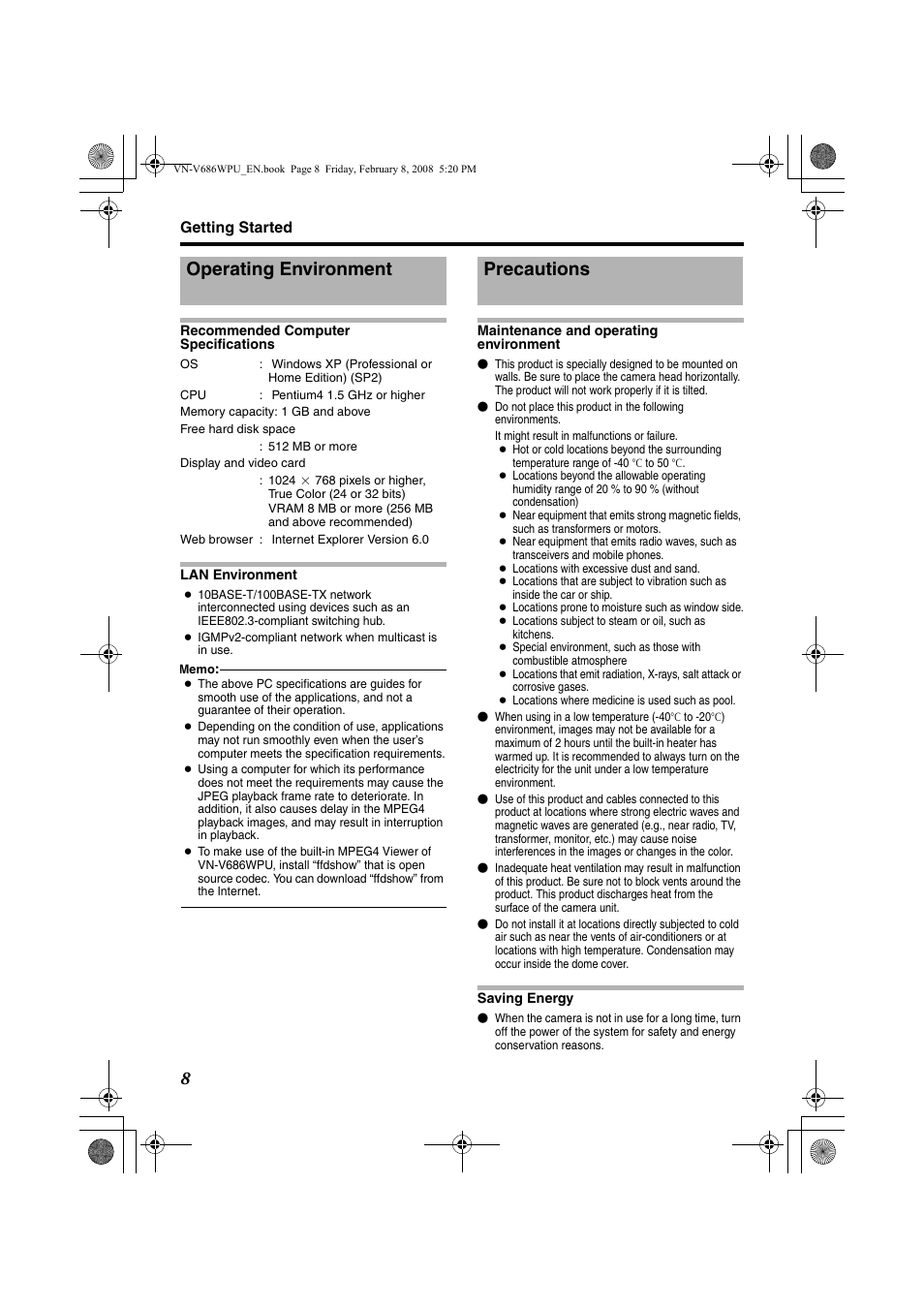Operating environment, Precautions, Operating environment precautions | JVC VN-V686WPU User Manual | Page 8 / 119