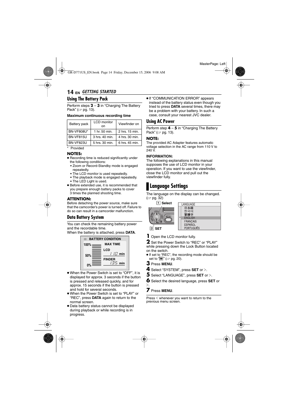 Language settings, Using the battery pack, Data battery system | Using ac power | JVC GR-D771U User Manual | Page 14 / 48