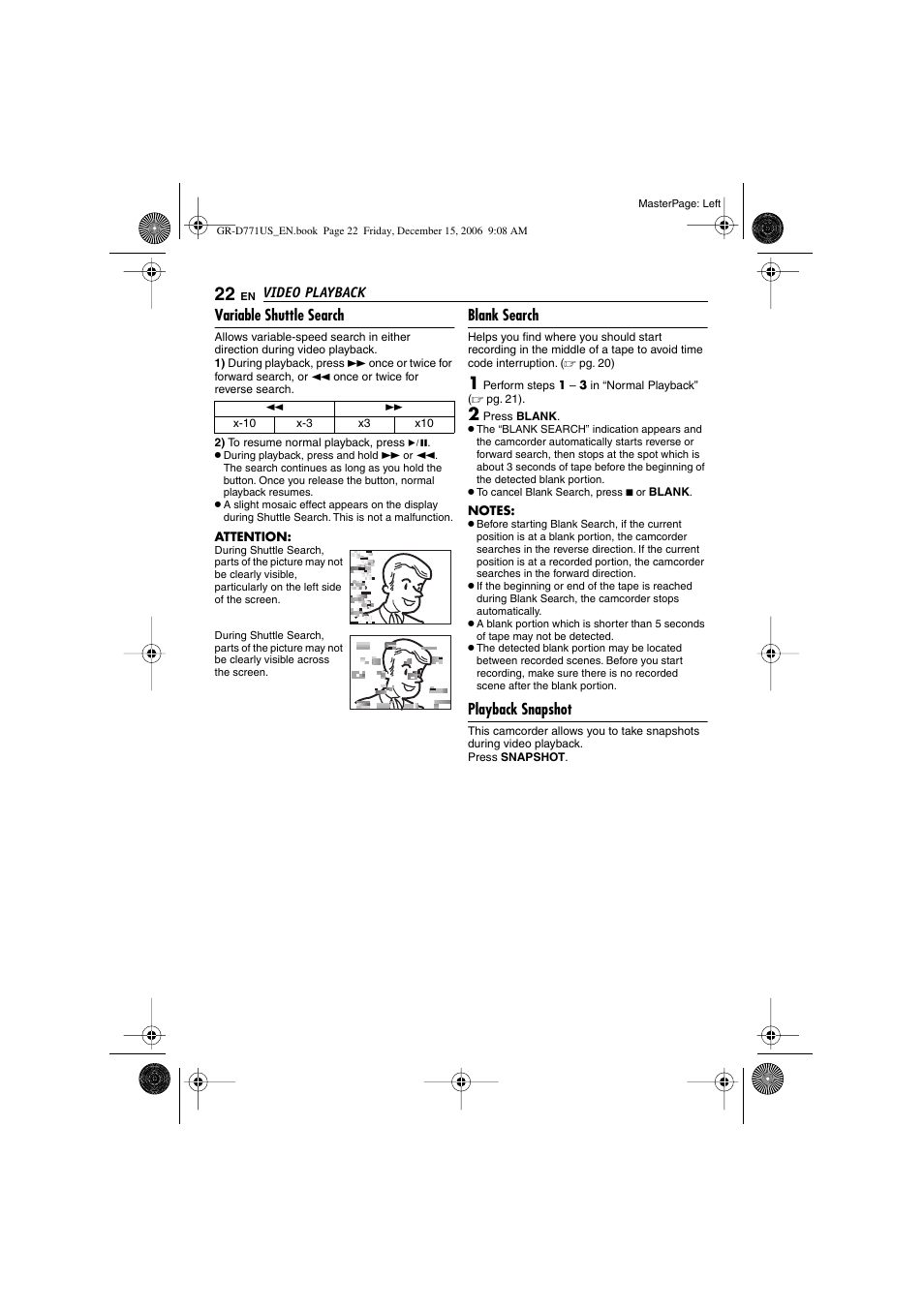 Variable shuttle search, Blank search, Playback snapshot | JVC GR-D771U User Manual | Page 22 / 48