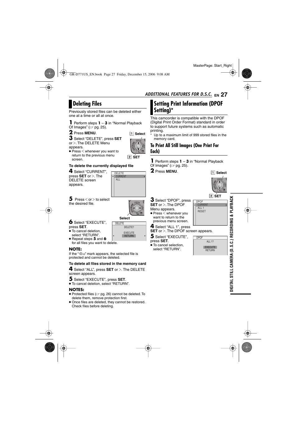 Deleting files, Setting print information (dpof setting) | JVC GR-D771U User Manual | Page 27 / 48