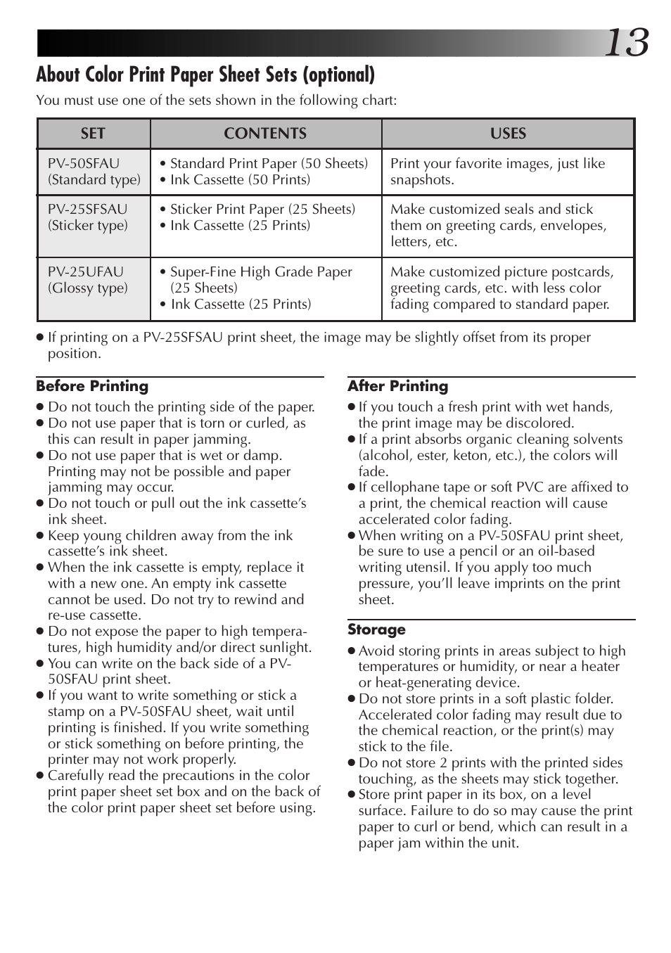 About color print paper sheet sets (optional) | JVC 0199MNV*UN*SW User Manual | Page 13 / 52