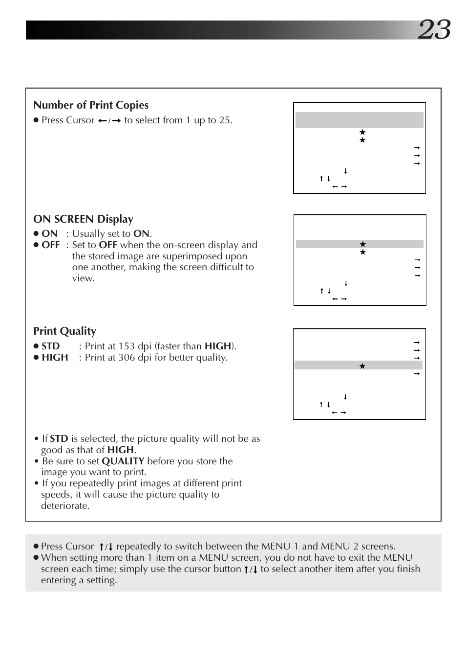 Number of print copies, On screen display, Print quality | JVC 0199MNV*UN*SW User Manual | Page 23 / 52