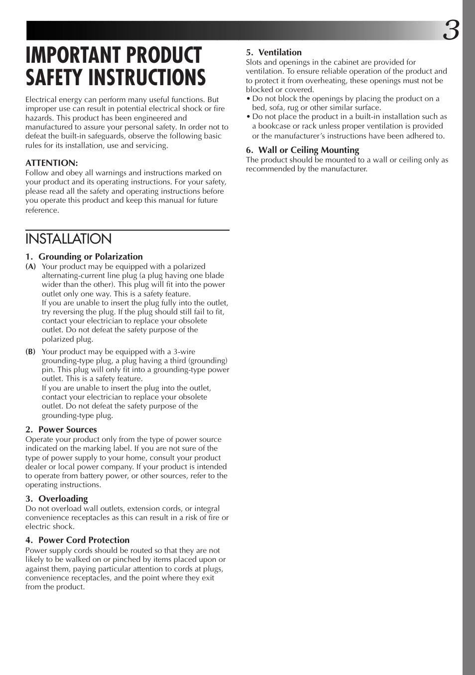 Important product safety instructions, Installation | JVC 0199MNV*UN*SW User Manual | Page 3 / 52