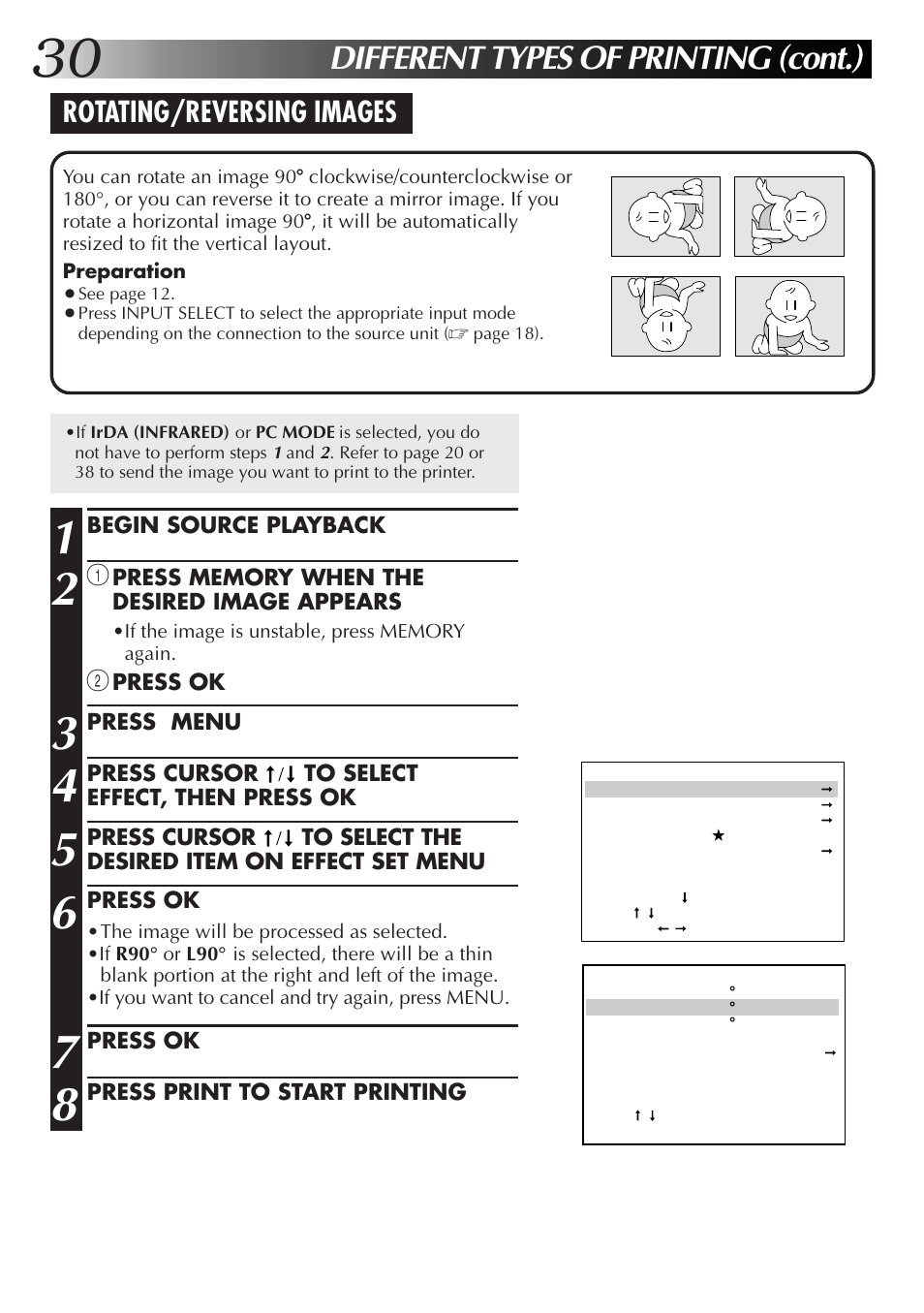 Different types of printing (cont.), Rotating/reversing images | JVC 0199MNV*UN*SW User Manual | Page 30 / 52