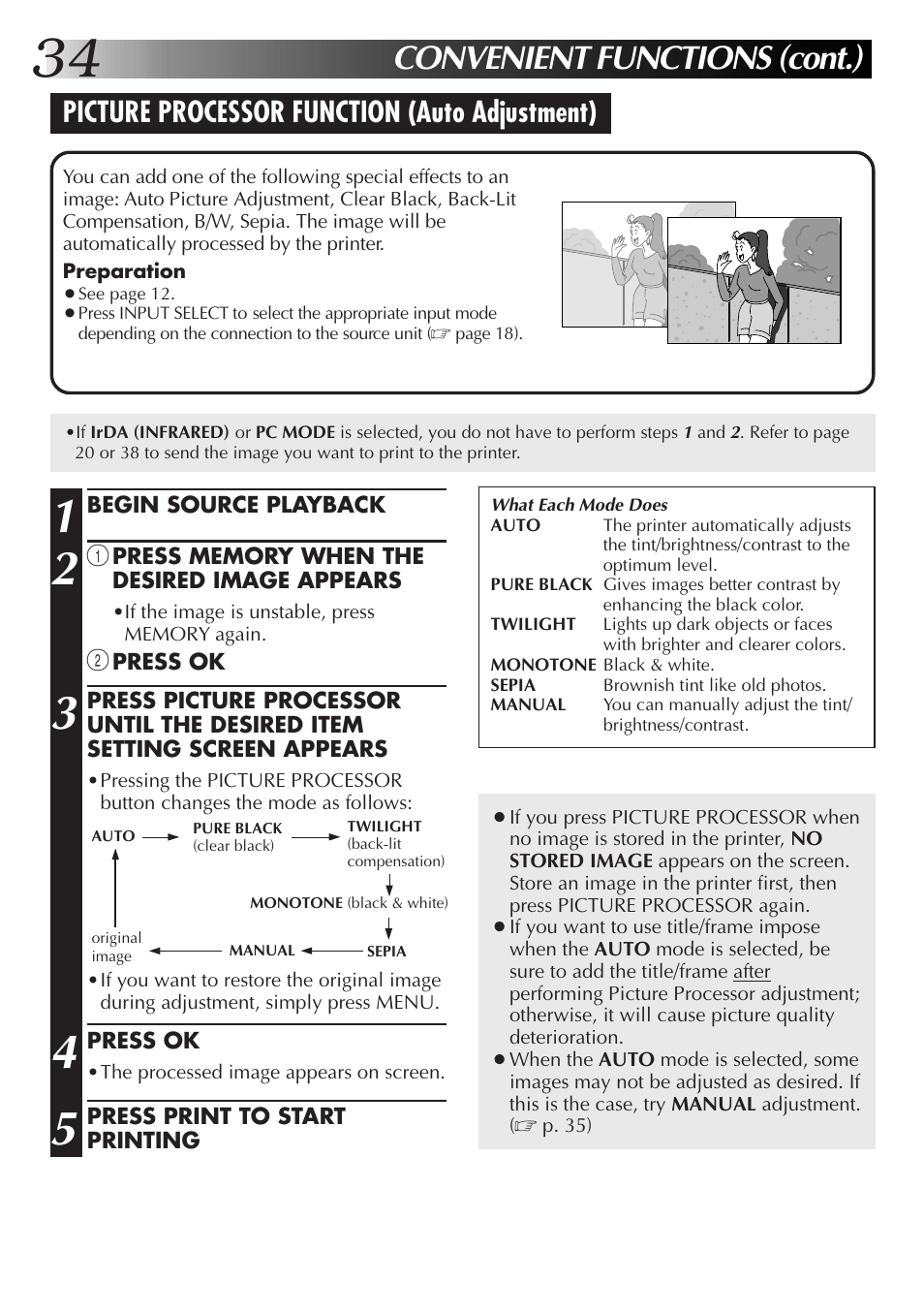 Convenient functions (cont.), Picture processor function (auto adjustment) | JVC 0199MNV*UN*SW User Manual | Page 34 / 52