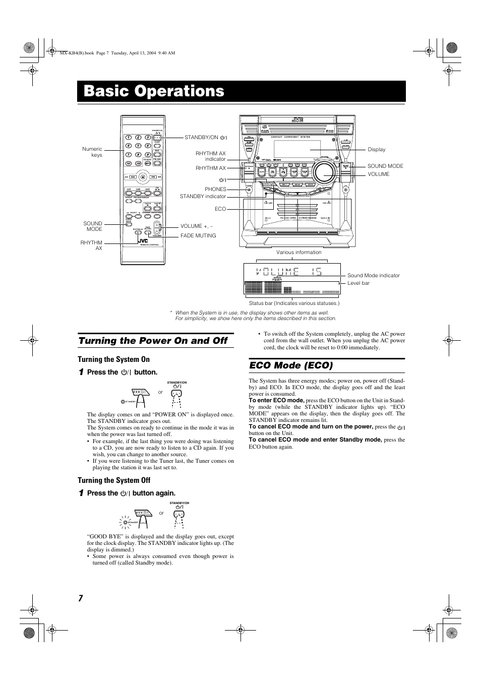 Basic operations, Turning the power on and off, Eco mode (eco) | Turning the system on, Turning the system off, Press the button, Press the button again | JVC ca-mxkb4 User Manual | Page 10 / 32