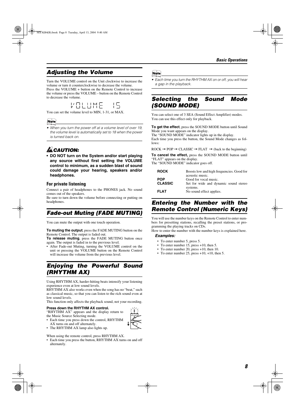 Adjusting the volume, Fade-out muting (fade muting), Enjoying the powerful sound (rhythm ax) | Selecting the sound mode (sound mode) | JVC ca-mxkb4 User Manual | Page 11 / 32