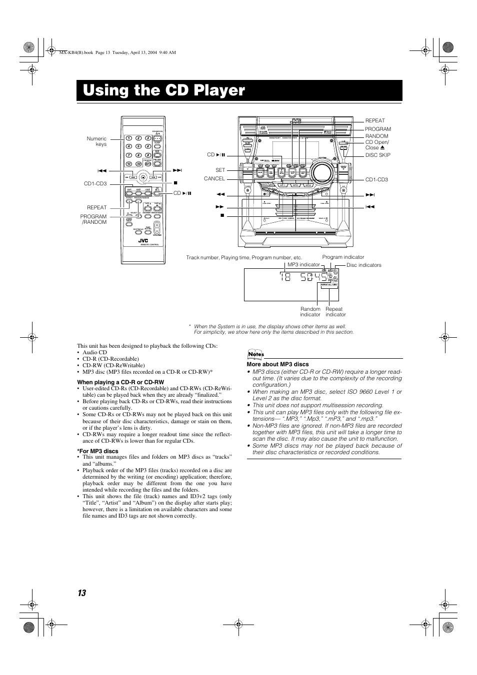 Using the cd player | JVC ca-mxkb4 User Manual | Page 16 / 32