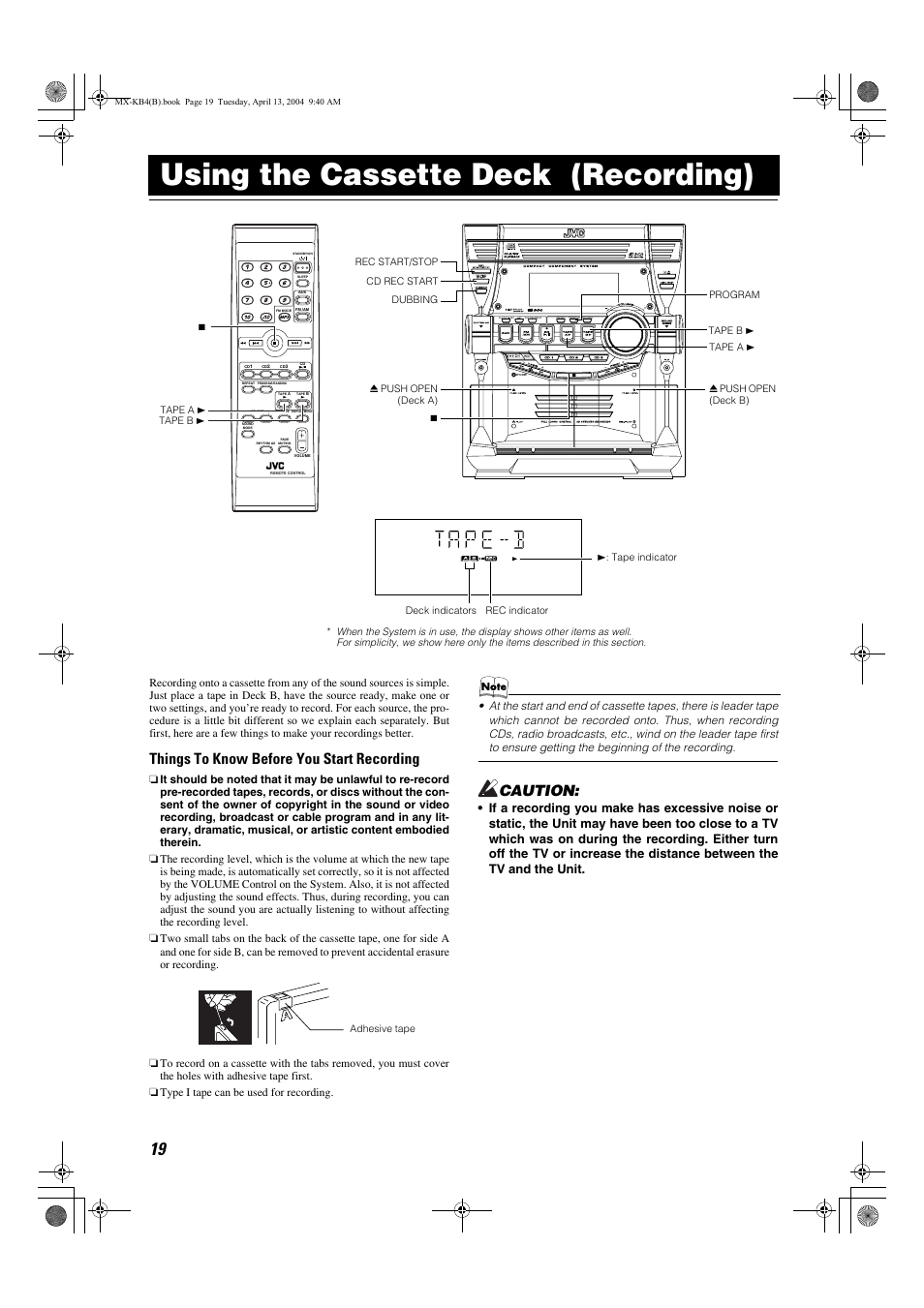 Using the cassette deck (recording), Things to know before you start recording, Caution | JVC ca-mxkb4 User Manual | Page 22 / 32