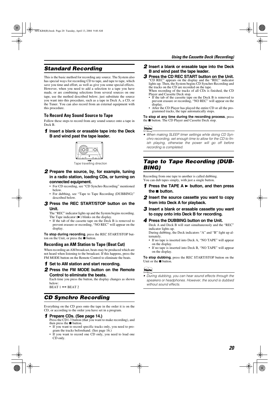 Standard recording, Cd synchro recording, Tape to tape recording (dub- bing) | JVC ca-mxkb4 User Manual | Page 23 / 32
