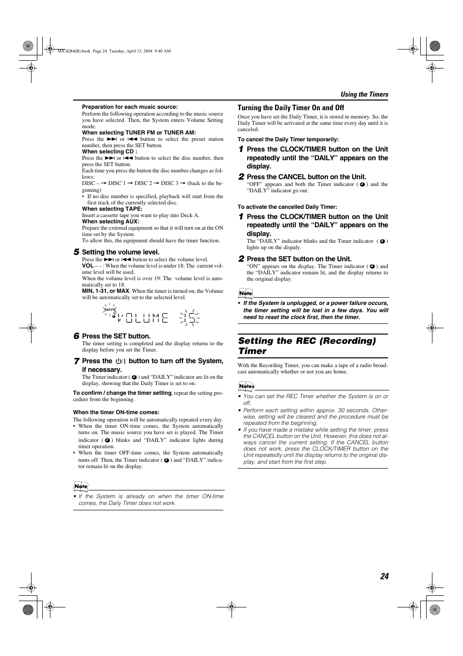 Setting the rec (recording) timer | JVC ca-mxkb4 User Manual | Page 27 / 32