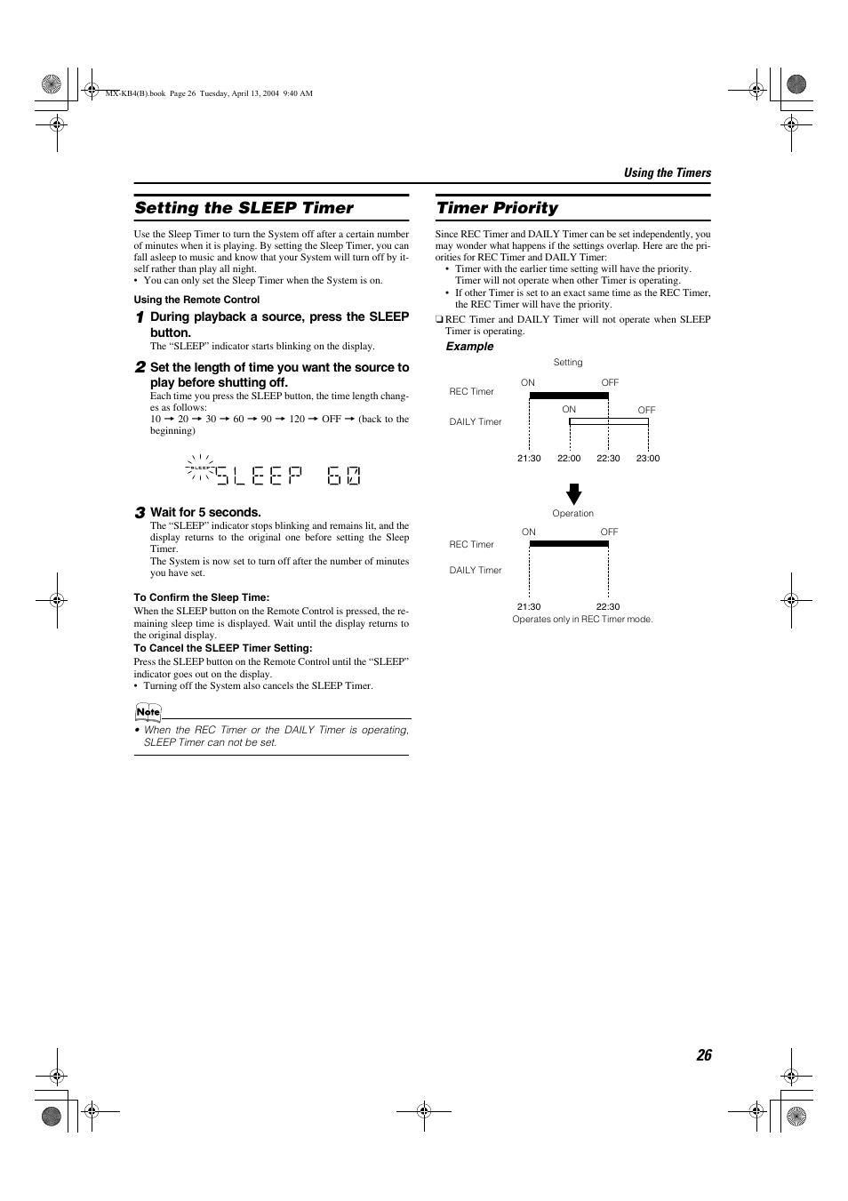 Setting the sleep timer, Timer priority | JVC ca-mxkb4 User Manual | Page 29 / 32